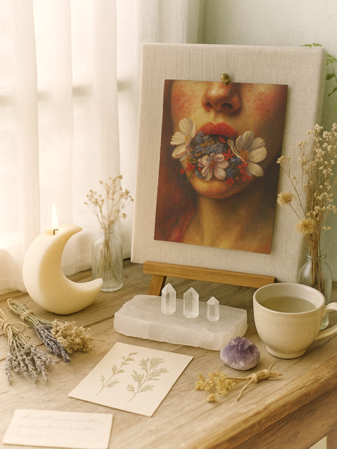 Renaissance style fine art print featuring a woman's lower face with parted coral lips from which delicate white cosmos flowers and botanical elements emerge, painted in warm amber and golden tones with classical oil painting technique, perfect for dark academia gothic home decor and vintage botanical wall art collections.